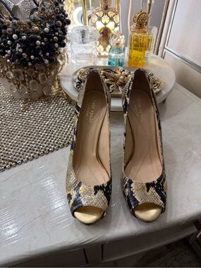 kate spade Gold and Black Snakeskin Peep-Toe Heels